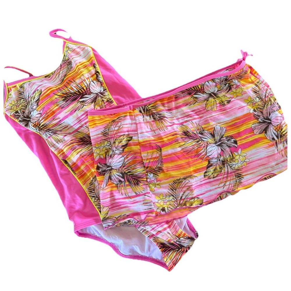 Y2k Girls Swim Bathing Suit Floral One Piece Skirt Set 16 1/2 Pink New W/O Tags